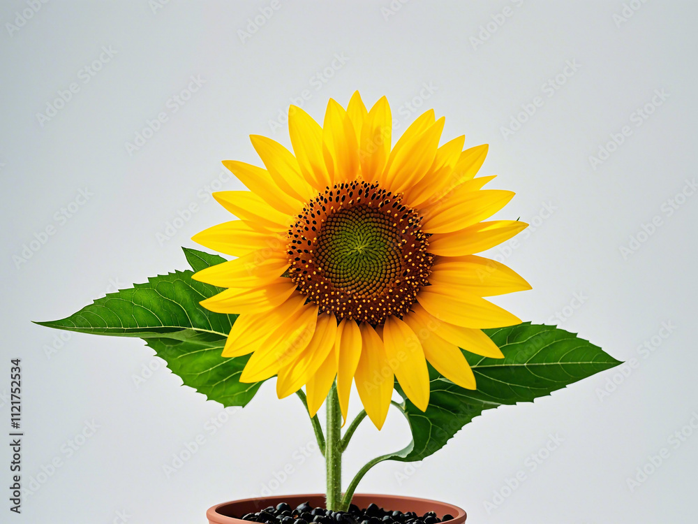 Obraz premium A yellow sunflower in a potted plant on a white background