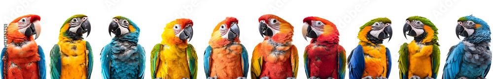 Colorful parrots lined up in row, showcasing vibrant feathers Colorful parrots lined up in row, showcasing vibrant feathers