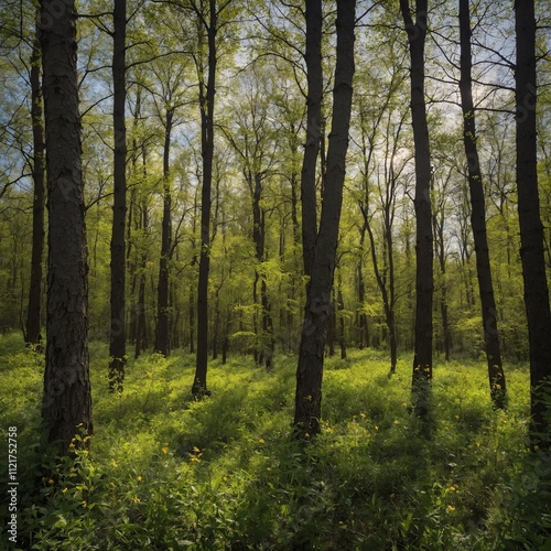 A forest alive with the hum of bees and birds in springtime. photo