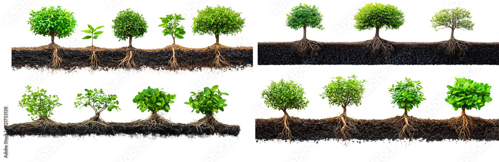 Various stages of tree growth with visible roots and soil cross section ...