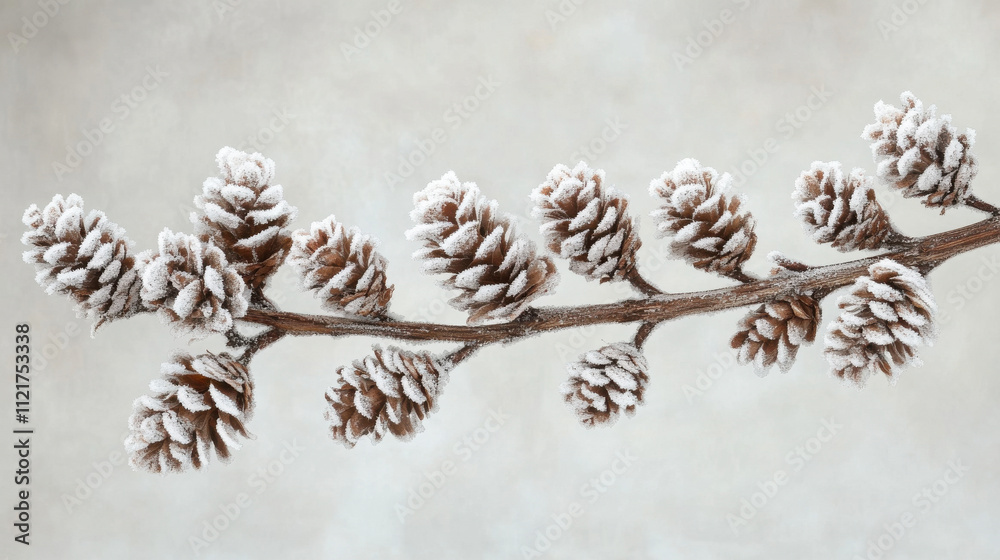 A single branch holding tiny frost-covered pinecones, isolated against a soft gray winter backdrop A single branch holding tiny frost-covered pinecones, isolated against a soft gray winter backdrop