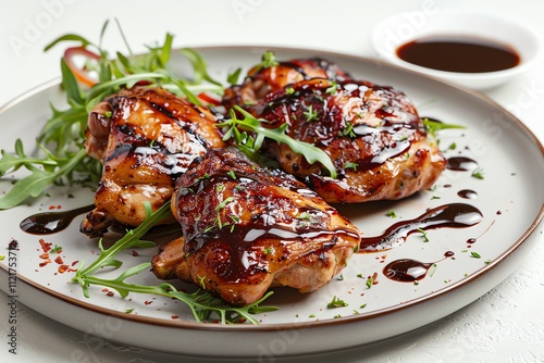 Grilled chicken thighs with teriyaki glaze and arugula.