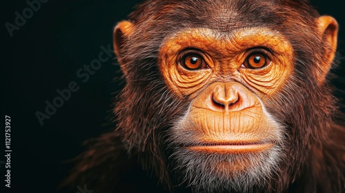 A close-up portrait of a monkey with expressive eyes, showcasing its detailed fur and facial features against a dark background, evoking curiosity.