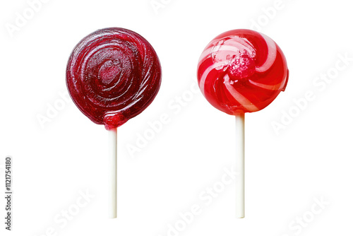 Two lollipops, one red and one yellow, are sitting. on transparent background.