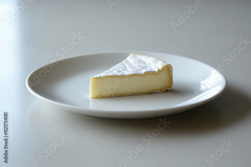 A single wedge of brie cheese on a clean white plate, with soft natural light highlighting its creamy texture