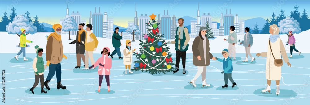 People of different ages and nationalities skate on the ice rink outdoors. Active winter sports and recreation. Vector illustration on a white background.