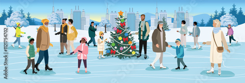 People of different ages and nationalities skate on the ice rink outdoors. Active winter sports and recreation. Vector illustration on a white background.