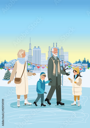 Happy grandparents with grandchildren on the skating rink. Active pensioners and time with grandchildren. Winter active recreation. Vector illustration on a white background.