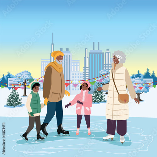 Happy grandparents with grandchildren on the skating rink. Active pensioners and time with grandchildren. Winter active recreation. Vector illustration on a white background.