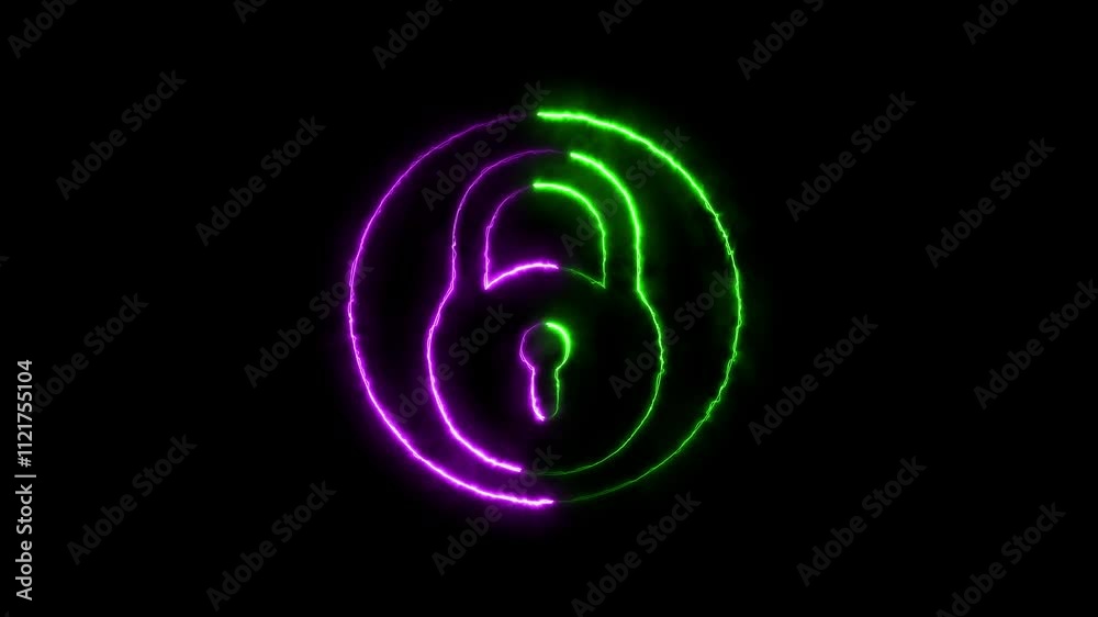 Neon dynamic lock icon glowing animated. symbolizing security or privacy. Digital security concept with glowing lock icon. on black background,