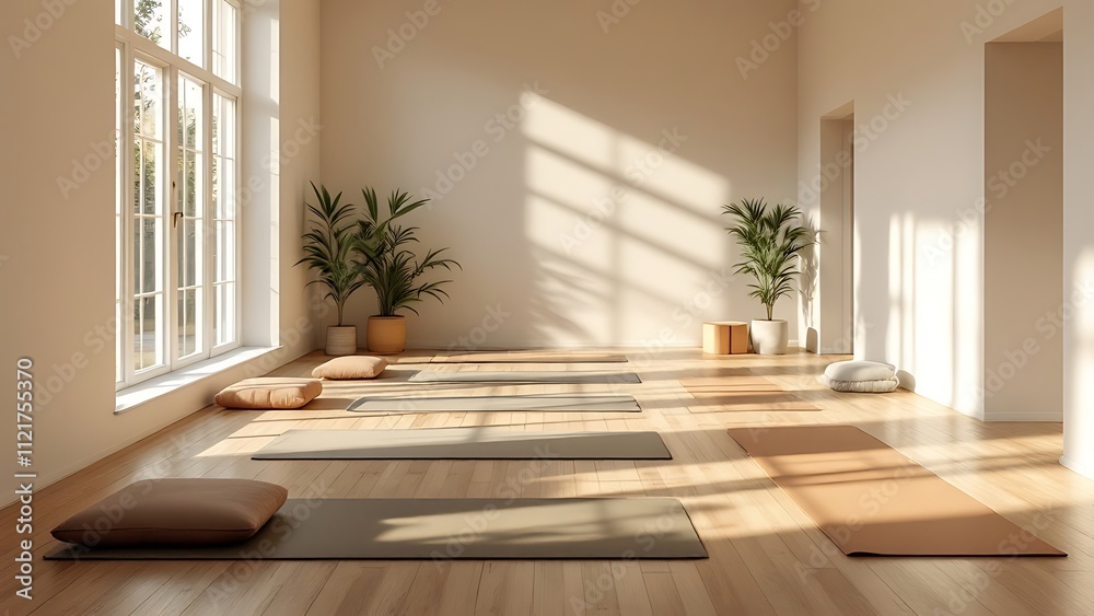 Yoga room pilates flooring mat empty interior gym window nobody modern Yoga room pilates flooring mat empty interior gym window nobody modern