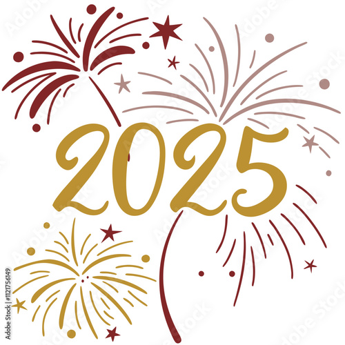 Hello 2025 gold fireworks vector illustration numbers logo illustration on white background.