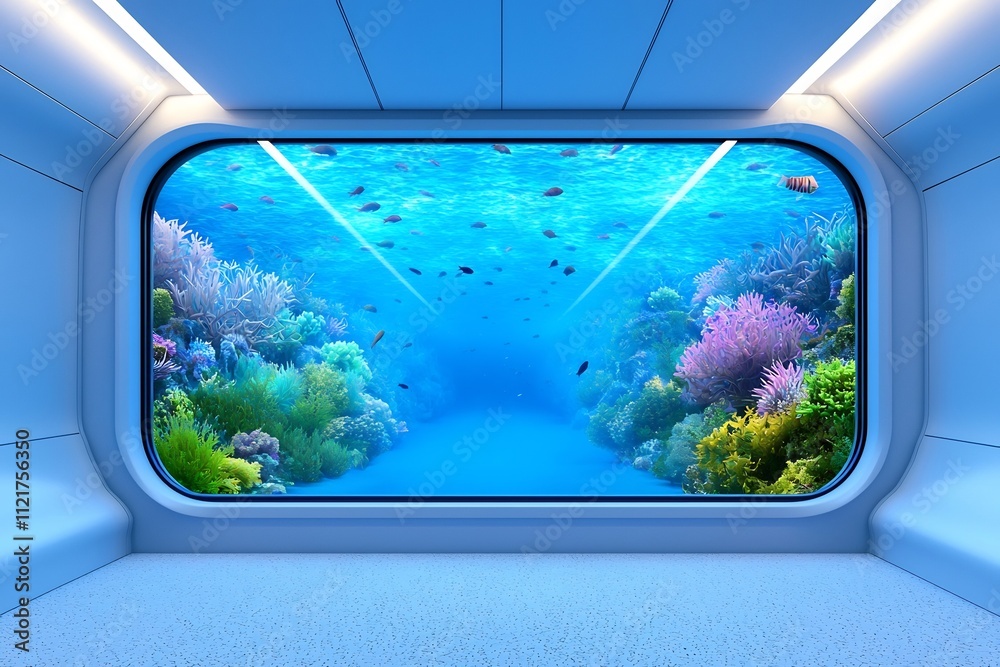 Naklejka premium Futuristic Underwater Train Concept with Passengers and Marine Life Surrounding