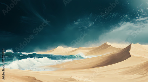 Endless sandy dunes stretch towards the horizon, where thunderous waves crash and recede, their rhythmic ebb and flow harmonizing with the heavens. Harmonic. Illustration photo