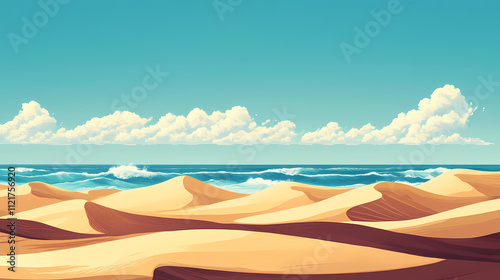 Endless sandy dunes stretch towards the horizon, where thunderous waves crash and recede, their rhythmic ebb and flow harmonizing with the heavens. Harmonic. Illustration