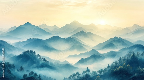 Misty mountain range at sunrise, showcasing layers of blue peaks and valleys shrouded in fog.