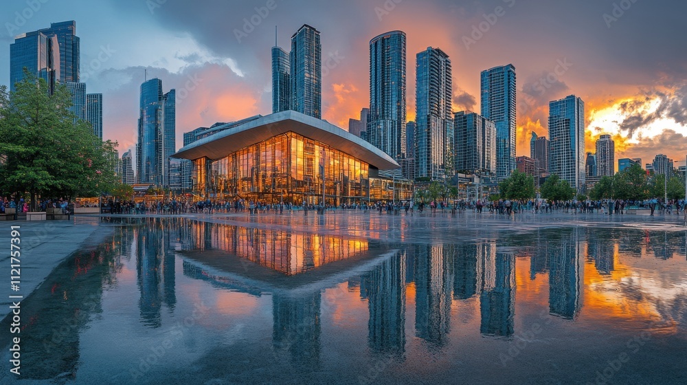 Naklejka premium Stunning Cityscape at Dusk with Skyscrapers, Reflection Pool, and Dramatic Sky