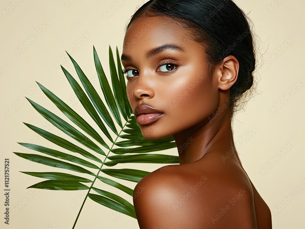 beautiful woman with palm leaf on white background, close up portrait of beautiful spa model girl with perfect face and body beautiful woman with palm leaf on white background, close up portrait of beautiful spa model girl with perfect face and body