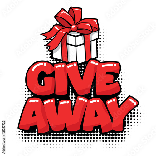 Cartoon giveaway banner with festive gift box. Gift offer promotion poster template. It's time for give away in e-commerce and social media.  Vector on transparent background