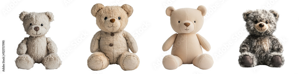 Fototapeta premium A Set of Soft Plush Teddy Bears with Cheerful Expressions Sitting Upright on Transparent Background