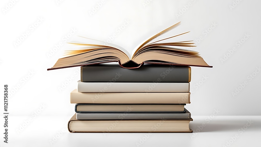 Books stacked with an open book on top, showcasing a vibrant literary theme against a light gray background, perfect for education or knowledge concepts Books stacked with an open book on top, showcasing a vibrant literary theme against a light gray background, perfect for education or knowledge concepts