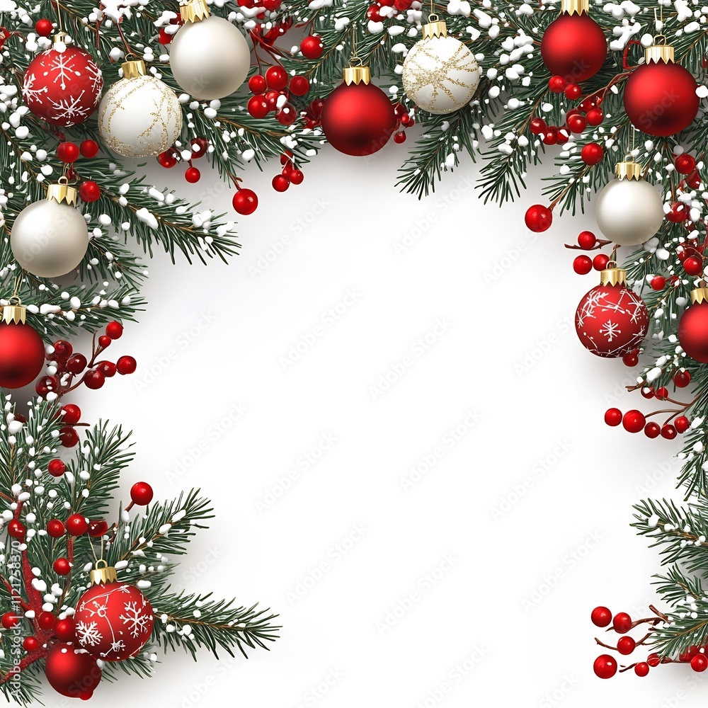 Festive Christmas Banner Card with Elegant Pine Wreath and Vibrant Ornaments in Decorative Floral Frame Festive Christmas Banner Card with Elegant Pine Wreath and Vibrant Ornaments in Decorative Floral Frame