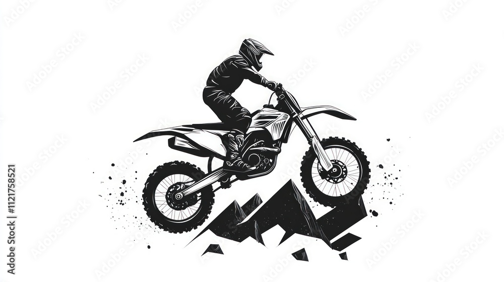 Motocross rider soaring over stylized mountains. Motocross rider soaring over stylized mountains.