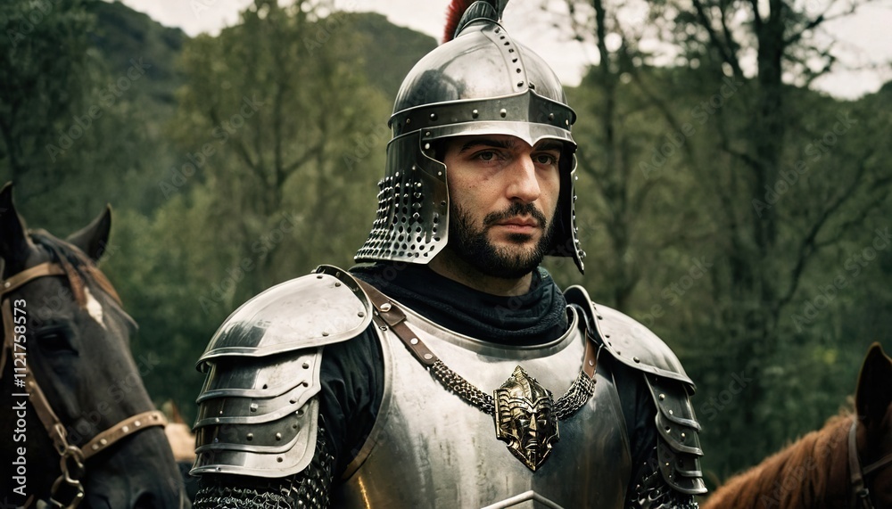 Fototapeta premium Knight in Shining Armor Standing Beside Horses in a Forested Area During Daylight