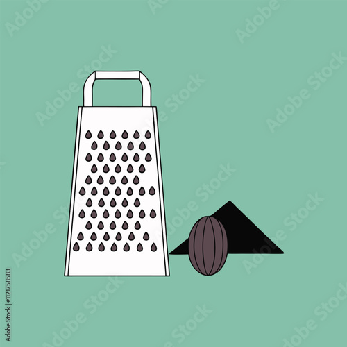 Vector illustration of whole nutmeg with a grater and a small mound of ground nutmeg, perfect for culinary and kitchen-themed designs. Ideal for food, spice, and cooking graphics.