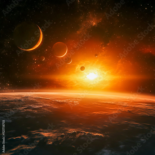 Spectacular sunrise illuminating a cluster of planets in deep space