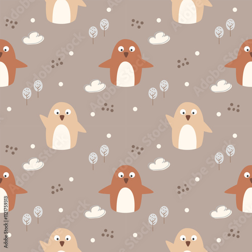 Penguin cartoon so cute. On tree cloud snow background. Pattern seamless vector illustration. 
