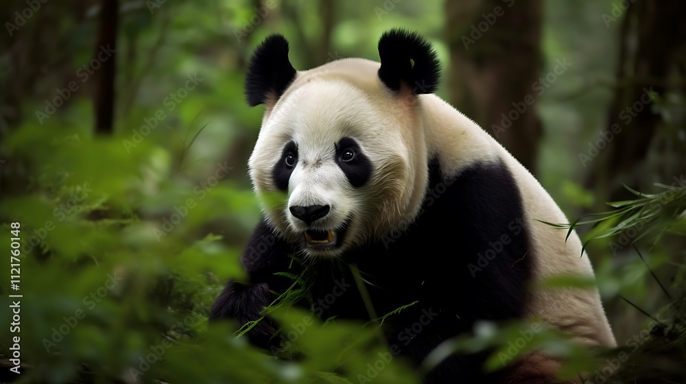 Fototapeta premium Giant Panda Eating Bamboo In Lush Forest Habitat