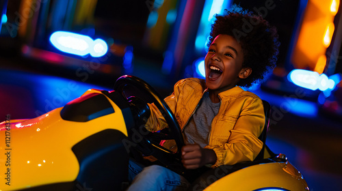 a happy child navigating a bumper car at amusement park photo