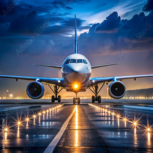 a plane on the runway at night generative ai photo