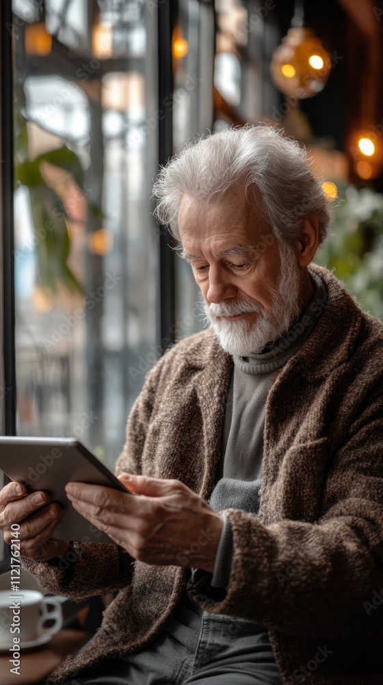 Older man using tablet in modern caf with soft bokeh background Older man using tablet in modern caf with soft bokeh background