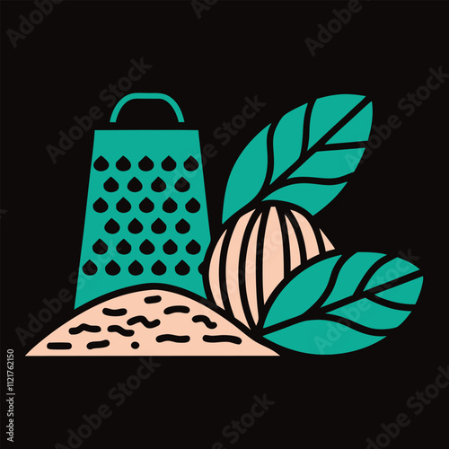 Vector illustration of whole nutmeg with a grater and a small mound of ground nutmeg, perfect for culinary and kitchen-themed designs. Ideal for food, spice, and cooking graphics.