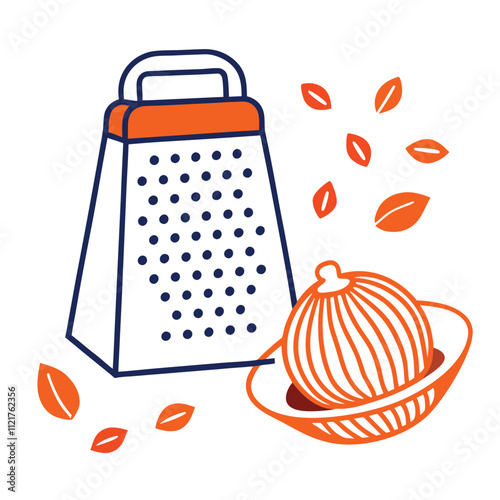 Vector illustration of whole nutmeg with a grater and a small mound of ground nutmeg, perfect for culinary and kitchen-themed designs. Ideal for food, spice, and cooking graphics.