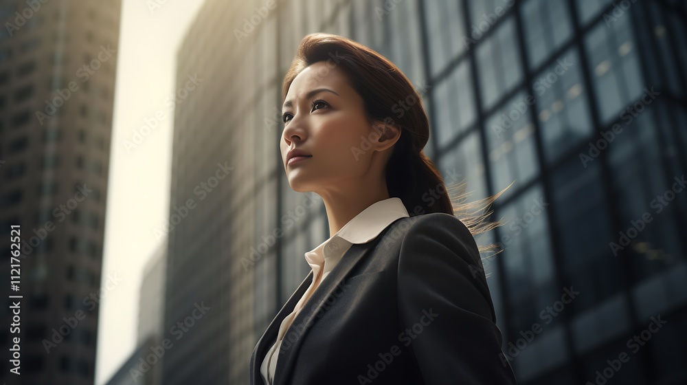 Confident Businesswoman Gazing Towards City Skyline Confident Businesswoman Gazing Towards City Skyline