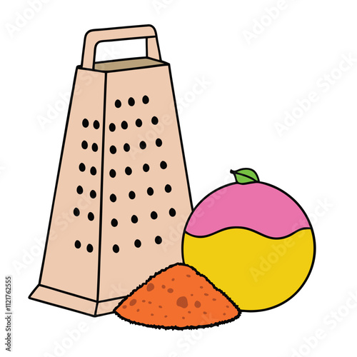 Vector illustration of whole nutmeg with a grater and a small mound of ground nutmeg, perfect for culinary and kitchen-themed designs. Ideal for food, spice, and cooking graphics.