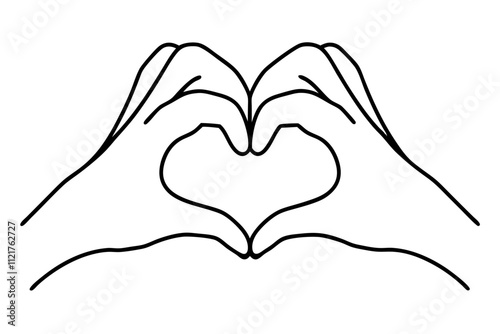 Line art drawing of hands showing love sign. Hand drawn outline vector illustration of heart shape. Romantic concept