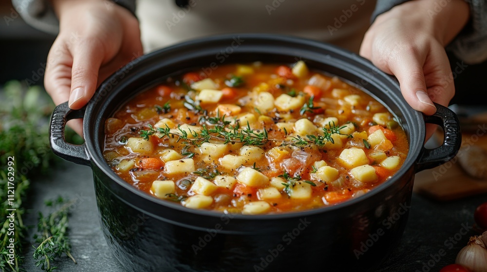 chef's hand carrying a pot of thick soup chef's hand carrying a pot of thick soup