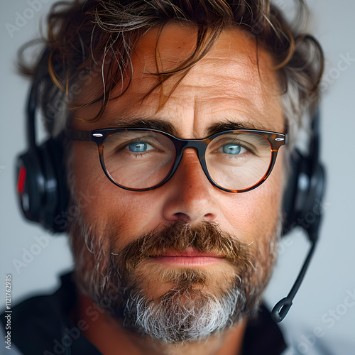 Customer Support Agent with Headset Close-Up, Close-up portrait of a bearded man wearing glasses and a headset, representing customer service or tech support professional.
