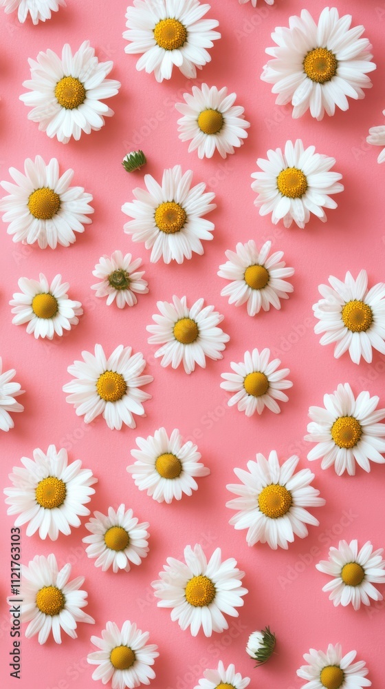 Chamomile flowers on pastel pink background flat lay design Chamomile flowers on pastel pink background flat lay design