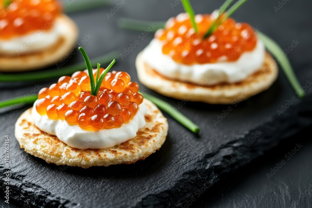 Luxury food delightelegant serving of caviar on blinis with cream gourmet platter modern setting close-up view culinary experience Luxury food delightelegant serving of caviar on blinis with cream gourmet platter modern setting close-up view culinary experience