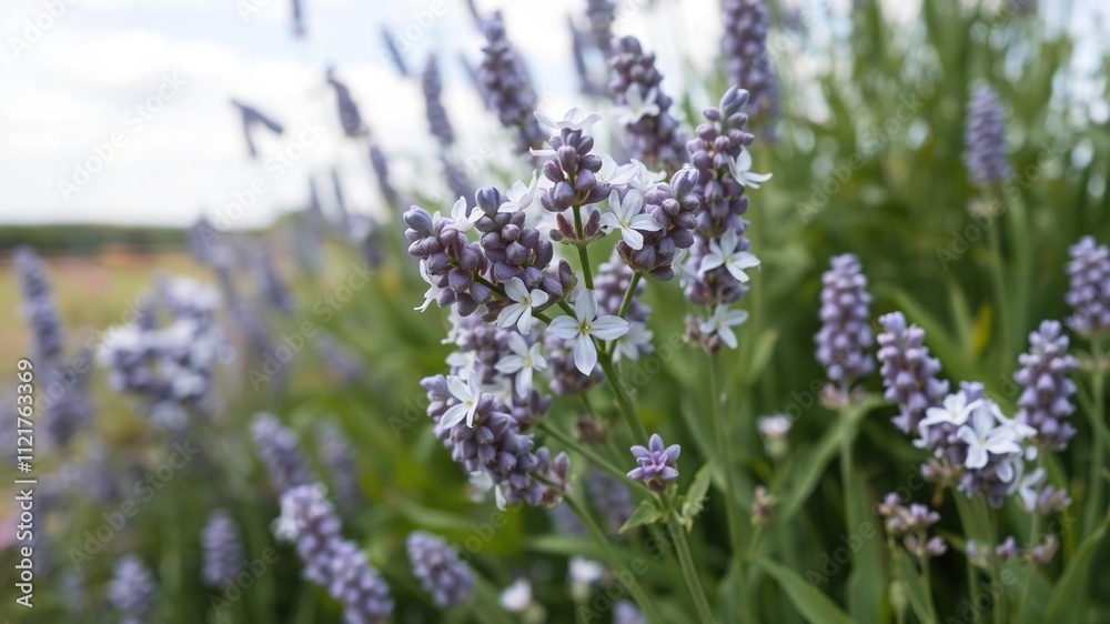 Cluster of white lavender flowers in a garden landscape, flower cluster, garden landscape, white blooms Cluster of white lavender flowers in a garden landscape, flower cluster, garden landscape, white blooms