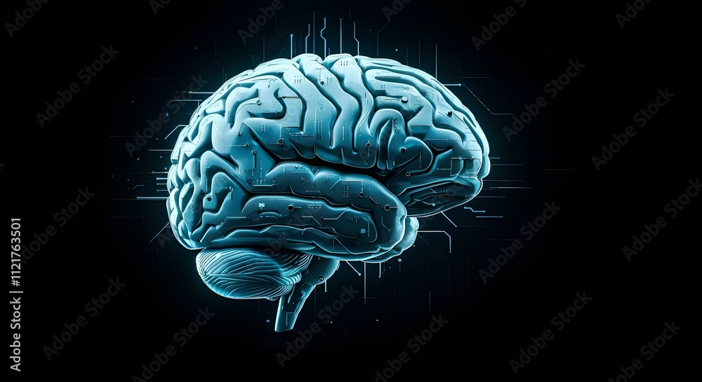 Futuristic Digital Brain with Circuitry and Neural Network Connections, Blue Glowing Artificial Intelligence Concept on Dark Background, Symbolizing Advanced Technology, AI Innovation, and Data Scienc Futuristic Digital Brain with Circuitry and Neural Network Connections, Blue Glowing Artificial Intelligence Concept on Dark Background, Symbolizing Advanced Technology, AI Innovation, and Data Scienc