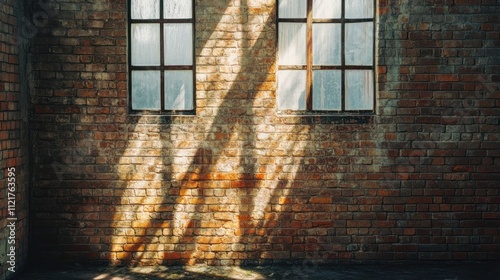 Sunlight streams through windows onto a brick wall.