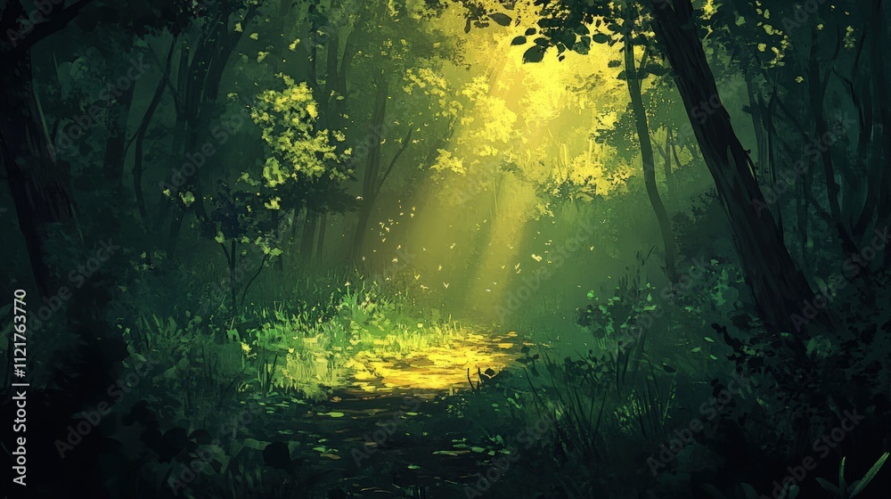 Sunlit forest path, green trees, magical ambiance. Sunlit forest path, green trees, magical ambiance.