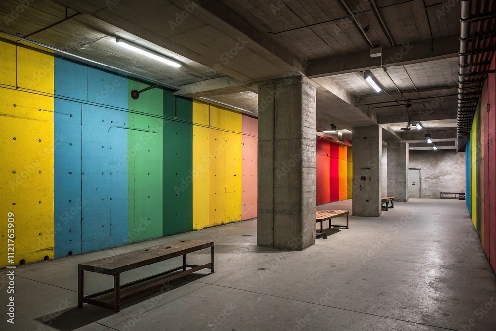 Colorful concrete walls in a dimly lit room with industrial furniture, geometric shapes, industrial furniture, modern decor, bold patterns, eclectic style Colorful concrete walls in a dimly lit room with industrial furniture, geometric shapes, industrial furniture, modern decor, bold patterns, eclectic style
