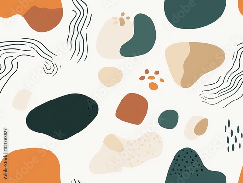 Abstract seamless pattern with organic shapes in earthy tones on a white background.